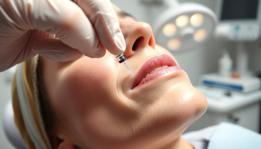 A close-up view of a skilled hand carefully administering a Botox injection into the masseter muscle of a patient's jaw, with a look of slight discomfort on their face. The procedure is performed in a clean, well-lit medical setting, with medical equipment and supplies visible in the background. The lighting is soft and directional, casting subtle shadows that accentuate the contours of the jaw and face. The focus is sharp on the injection site, while the surrounding area is slightly blurred, creating a sense of depth and drawing the viewer's attention to the main action. The overall mood is one of precision, professionalism, and the discomfort associated with a minor medical procedure.