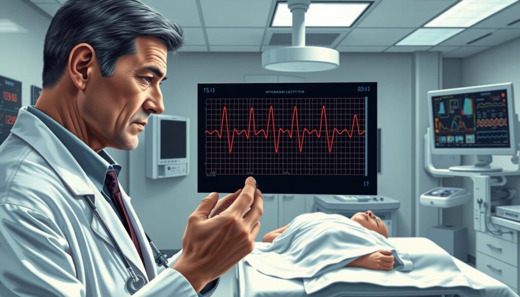 A detailed illustration of myocarditis treatment, featuring a realistic, high-resolution medical scene. In the foreground, a doctor in a white coat examines an electrocardiogram readout, their face expressing deep concentration. In the middle ground, a patient lies on an examination table, various medical instruments and monitors surrounding them. The background depicts a modern, well-equipped hospital room, with clean, bright lighting and a sense of clinical efficiency. The overall mood is one of professional, evidence-based medical care, conveying the seriousness and importance of treating this condition.