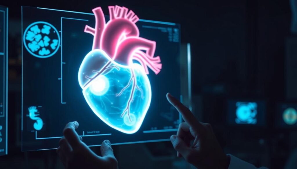 A dimly lit medical laboratory with a holographic display showing a cross-section of a human heart. The heart glows with a faint blue hue, highlighting areas of inflammation and irregularities. In the foreground, a pair of hands carefully manipulate medical imaging tools, examining the data with a concerned expression. The background is shrouded in shadows, conveying the gravity and complexity of the subject matter. The scene evokes a sense of scientific inquiry and the pursuit of understanding the potential risks associated with vaccine-related myocarditis.