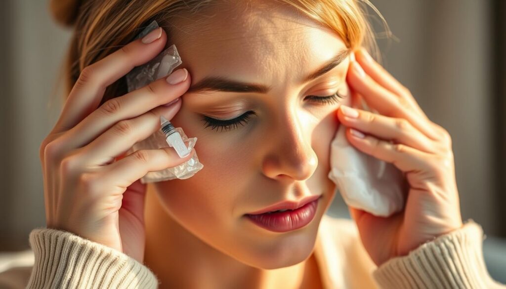 A woman applying ice packs to her face, carefully massaging her temples to alleviate the mild swelling and redness from recent Botox injections. The scene is bathed in soft, warm lighting, creating a soothing and relaxing atmosphere. The foreground focuses on her delicate facial features as she examines the treated areas, while the background is subtly blurred, emphasizing the subject's introspective moment. The image conveys a sense of self-care and the process of managing the temporary side effects associated with Botox treatment for TMJ relief.